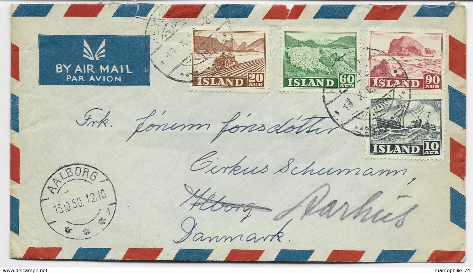 ISLAND 10AUR+20+60+90A LETTRE COVER AIR MAIL REYJAVIK AALBORG 16.10.1950 TO DANMARK - Briefe U. Dokumente