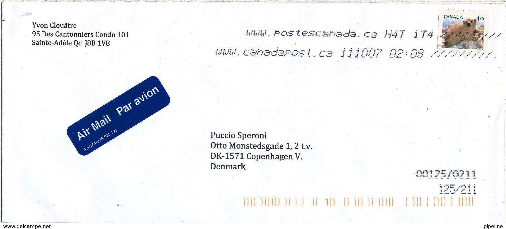 Canada Cover Sent Air Mail To Denmark 11-10-2007 Single Franked Polar Bear - Cartas & Documentos