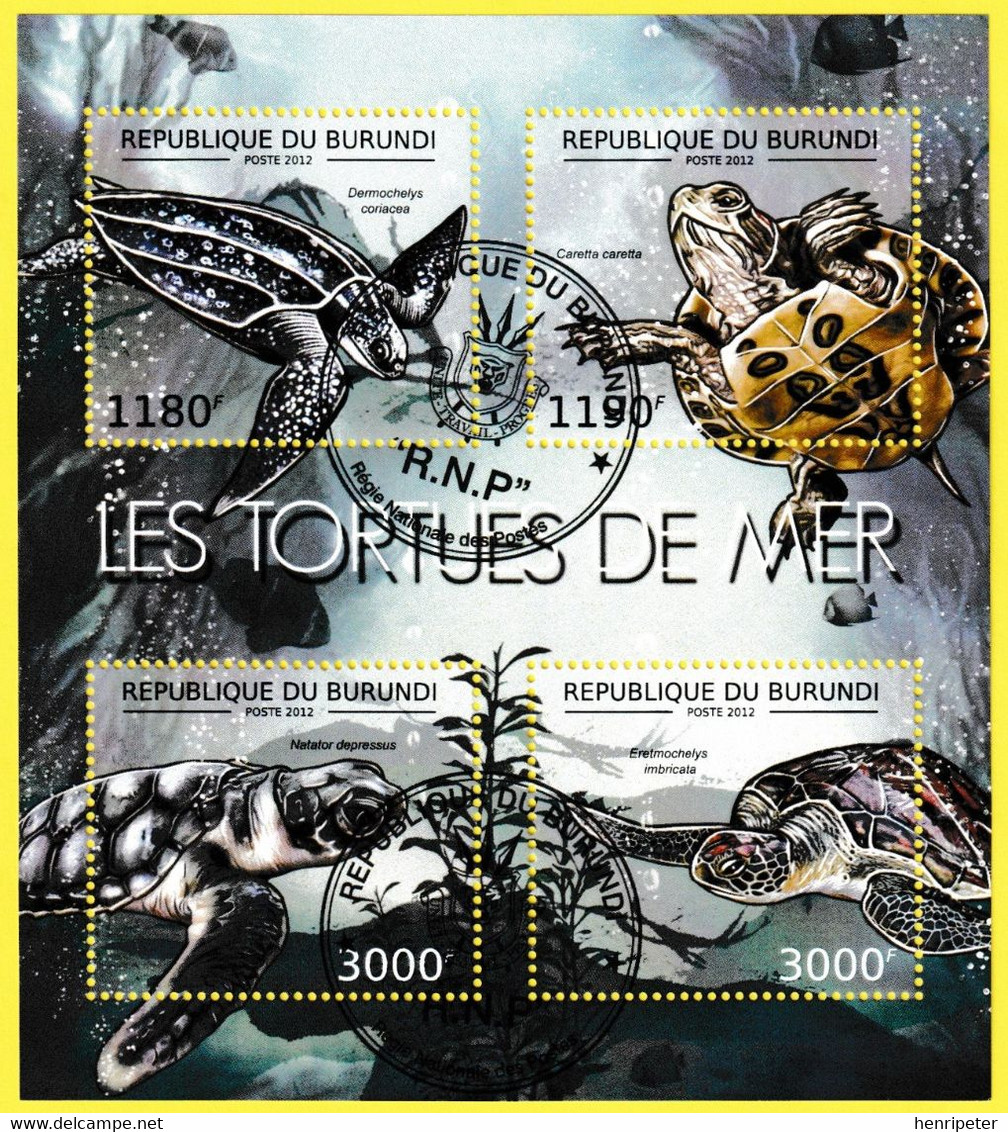 Petite Feuille De 4 T.-P. Oblitérés - Les Tortues De Mer Tortue Luth Caouanne Tortue Plate Tortue Imbriquée - 2012 - Gebruikt