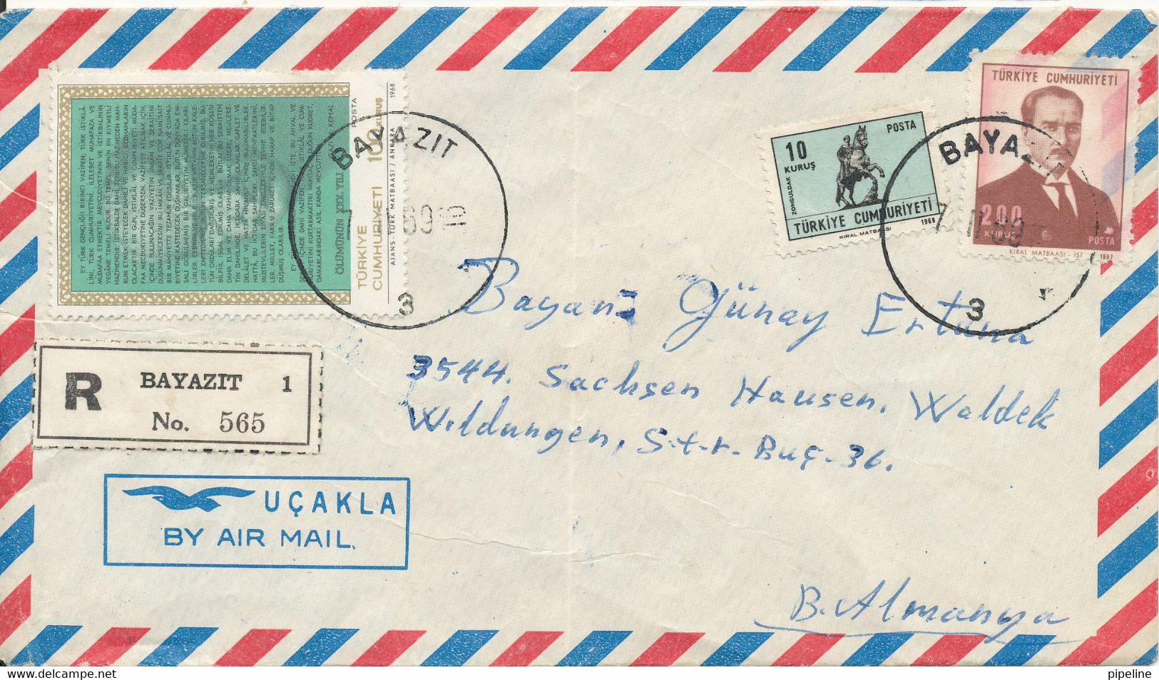 Turkey Registered Air Mail Cover Sent To Germany Bayazit 7-2-1969 (bended Cover) - Airmail