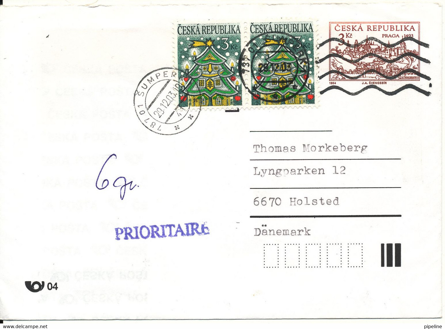 Czechslovakia Uprated Postal Stationery Cover Sent To Denmark 29-12-2003 - Covers