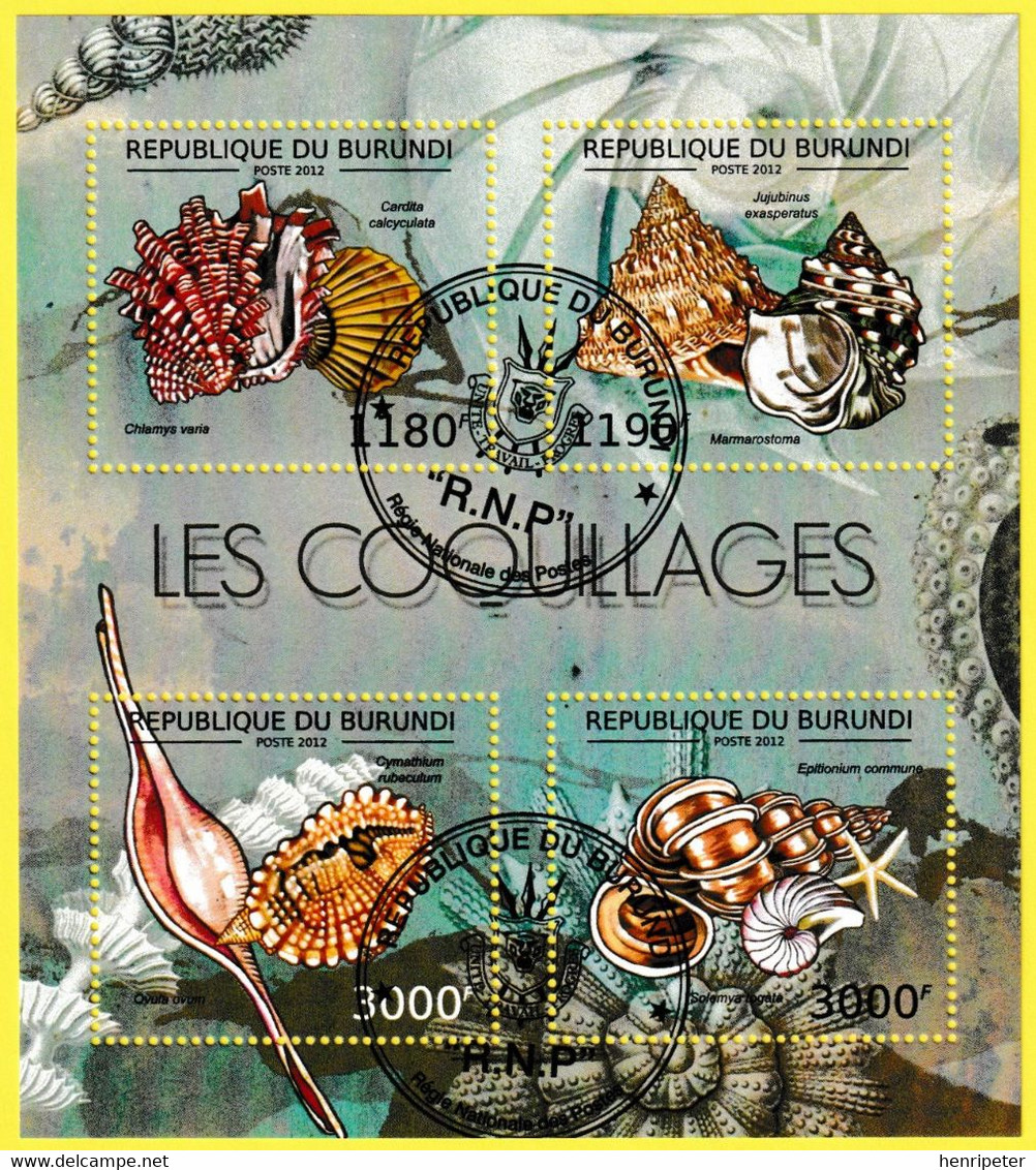 Petite Feuille De 4 T.-P. Oblitérés - Les Coquillages Chlamys Varia Cardita Calcyculata Jujubinus Exasperatus - 2012 - Used Stamps