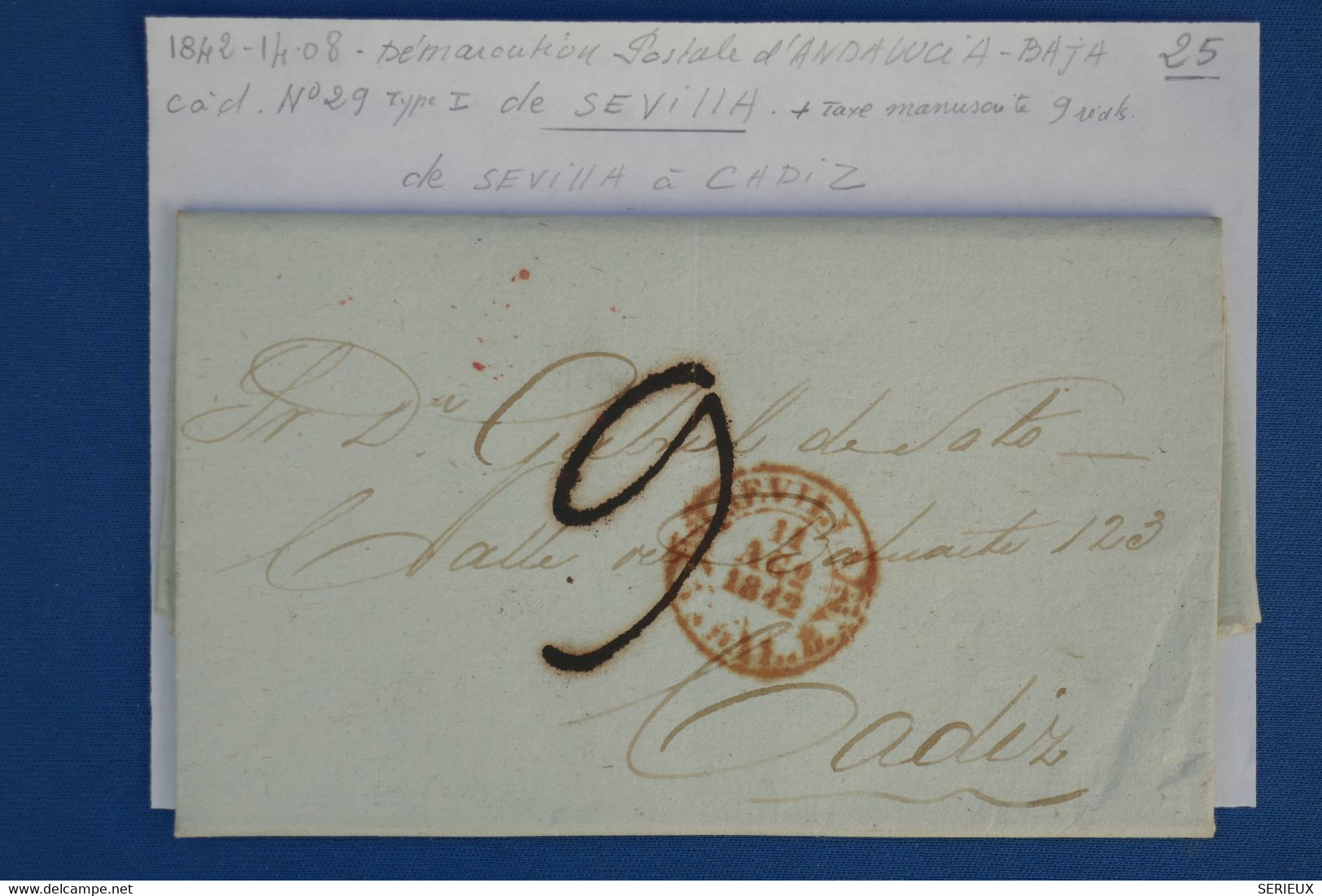 BB3 ESPANA  BELLE  LETTRE 1842 ANDALUCIA BAJA  SEVILLA  A  CADIZ  ++TAXE 9 R. +AFFRANCH. INTERESSANT - ...-1850 Prefilatelia