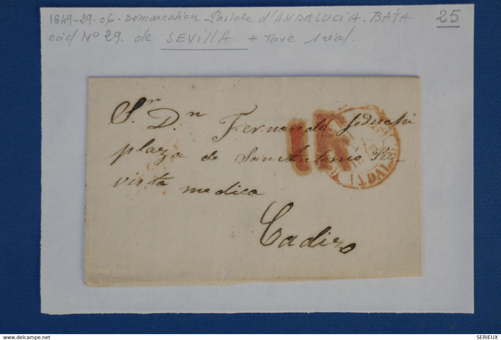 BB3 ESPANA  BELLE  LETTRE 1849 ANDALUCIA BAJA  SEVILLA  A  CADIZ  ++TAXE 1 R. +AFFRANCH. INTERESSANT - ...-1850 Prefilatelia