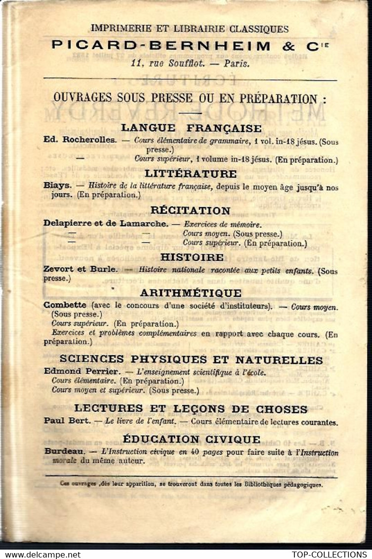 Circa 1890 RARE CATALOGUE IMPRIMERIE LIBRAIRIE CLASSIQUES PICARD BERNHEIM Rue Soufflot Paris 72 PAGES  SUPERBE - Sammlungen