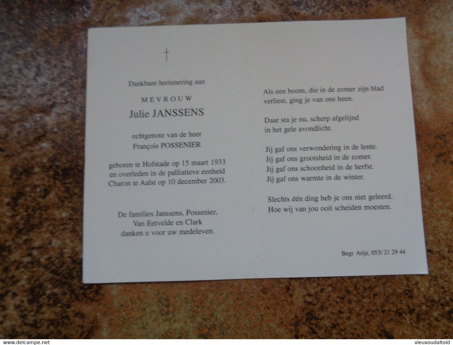 Doodsprentje/Bidprentje  Julie JANSSENS  Hofstade 1933-2003 Aalst   (Echtg  François POSSENIER) - Godsdienst & Esoterisme