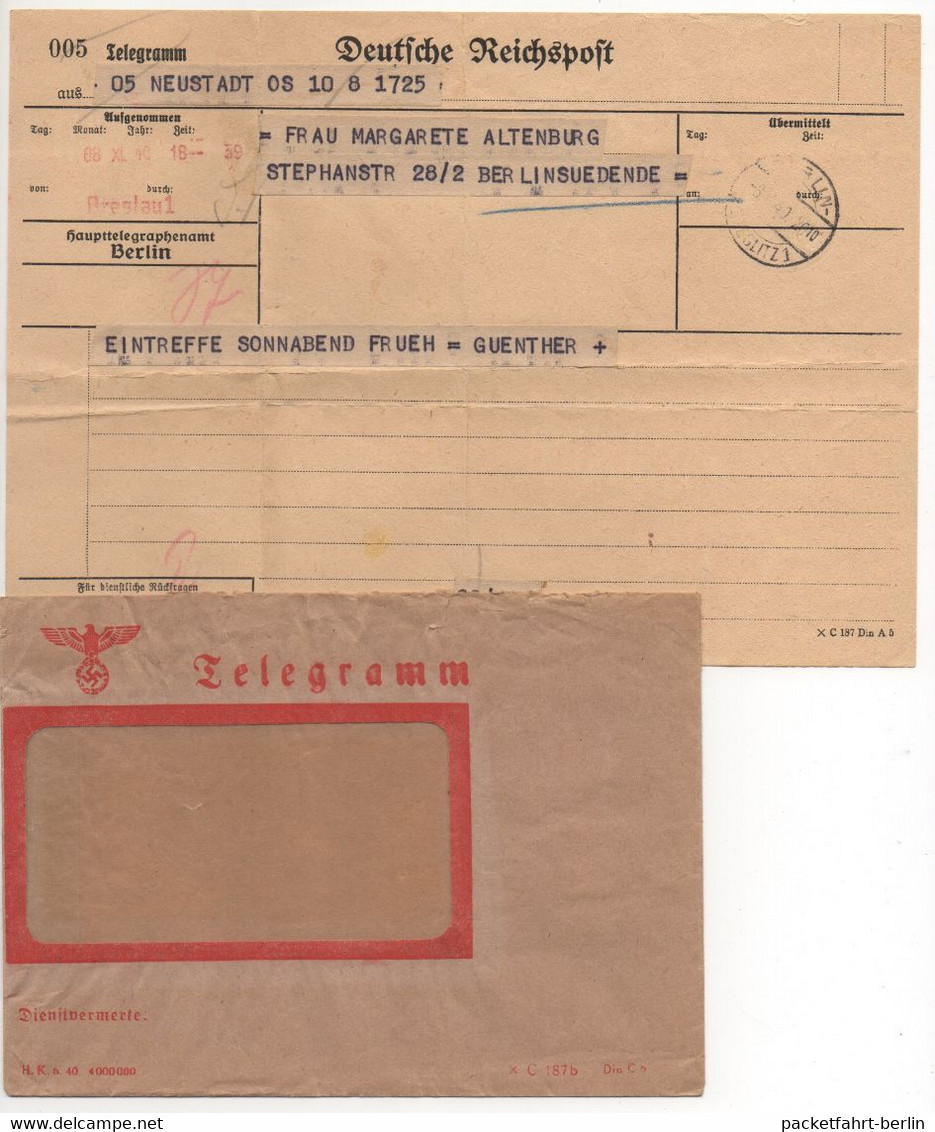 Telegramm Mit Werbung "Der Fernschprecher..." Neustadt Oberschlesien Durch Breslau Nach Berlin 1940 - Covers & Documents