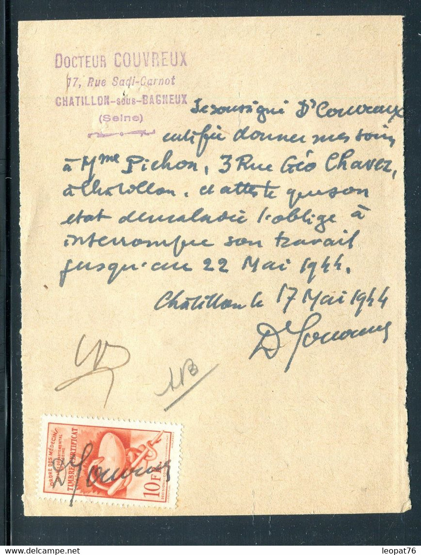 Vignette Médicale ( Timbre Certificat ) Sur Arrêt De Travail De Châtillon /Bagneux En 1944 - A 22 - Lettere