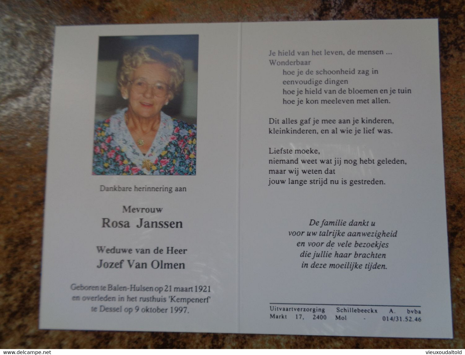 Doodsprentje/Bidprentje   Rosa Janssen   Balen-Hulsen 1921-1997 Dessel    (Wwe Jozef Van Olmen) - Religion & Esotericism