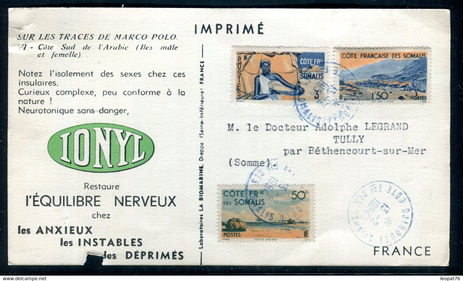 Côte Des Somalis - Carte Commerciale Médicale ( Biomarine ) De Djibouti Pour La France En 1954, Dans L'état - A 30 - Covers & Documents