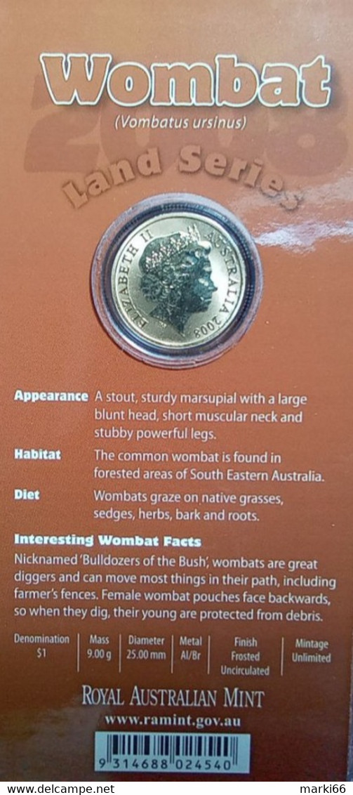 Australia - 2008 - Land Series - Wombat - 1 Dollar Colour Uncirculated Bronze Coin - Sets Sin Usar &  Sets De Prueba