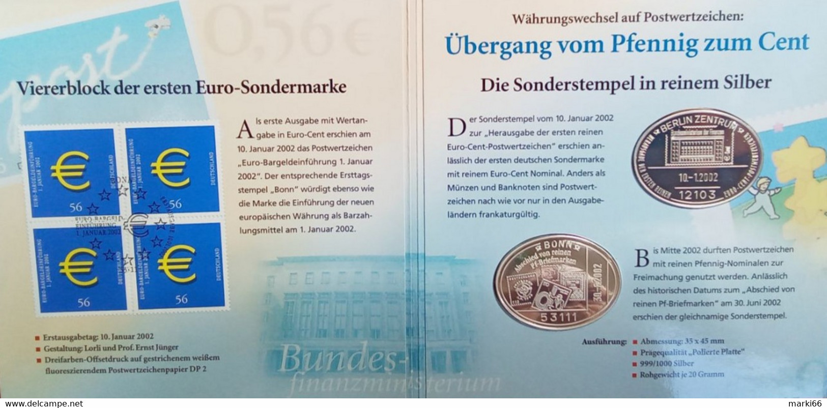 Germany - 2002 - First German Stamp In EUR Denomination - Set Of 2 Silver Ingots (special Postmarks) - Verzamelingen