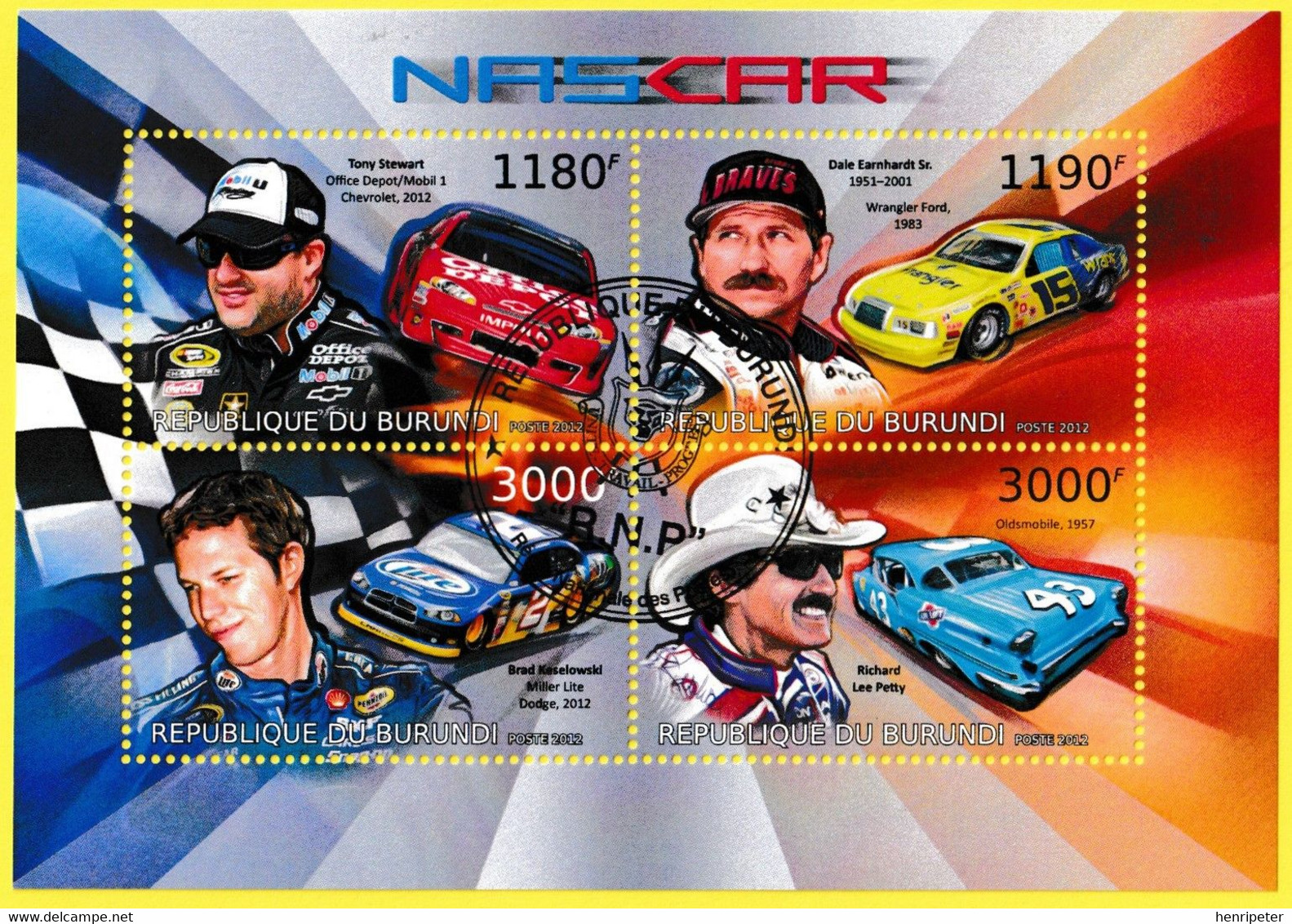 Petite Feuille De 4 T.-P. Oblitérés  NASCAR Tony Stewart Dale Earnhardt Brad Keselowski Richard Lee Petty - Burundi 2012 - Gebruikt