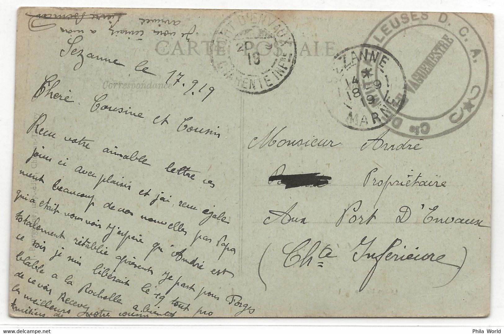 WW1 1919 Cie MITRAILLEUSES DCA D.C.A. Cachet Vaguemestre Sur CP SEZANNE Marne Pour PORT D' ENVAUX Charente Inférieure - Guerre De 1914-18