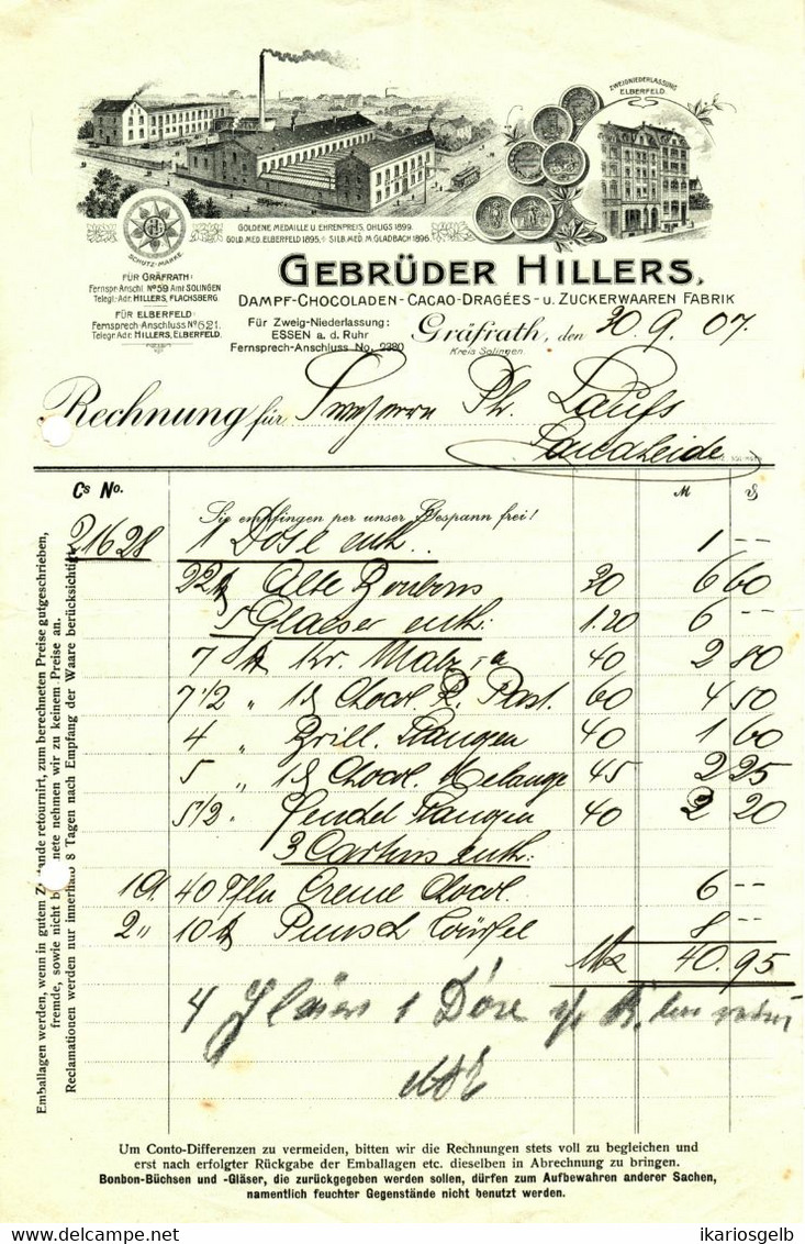 SOLINGEN Gräfrath Rechnung 1907 Deko " Gebr.HILLERS Dampf-Schokoladen- Cacao- Dragees- Zuckerwaarenfabrik " - Alimentare
