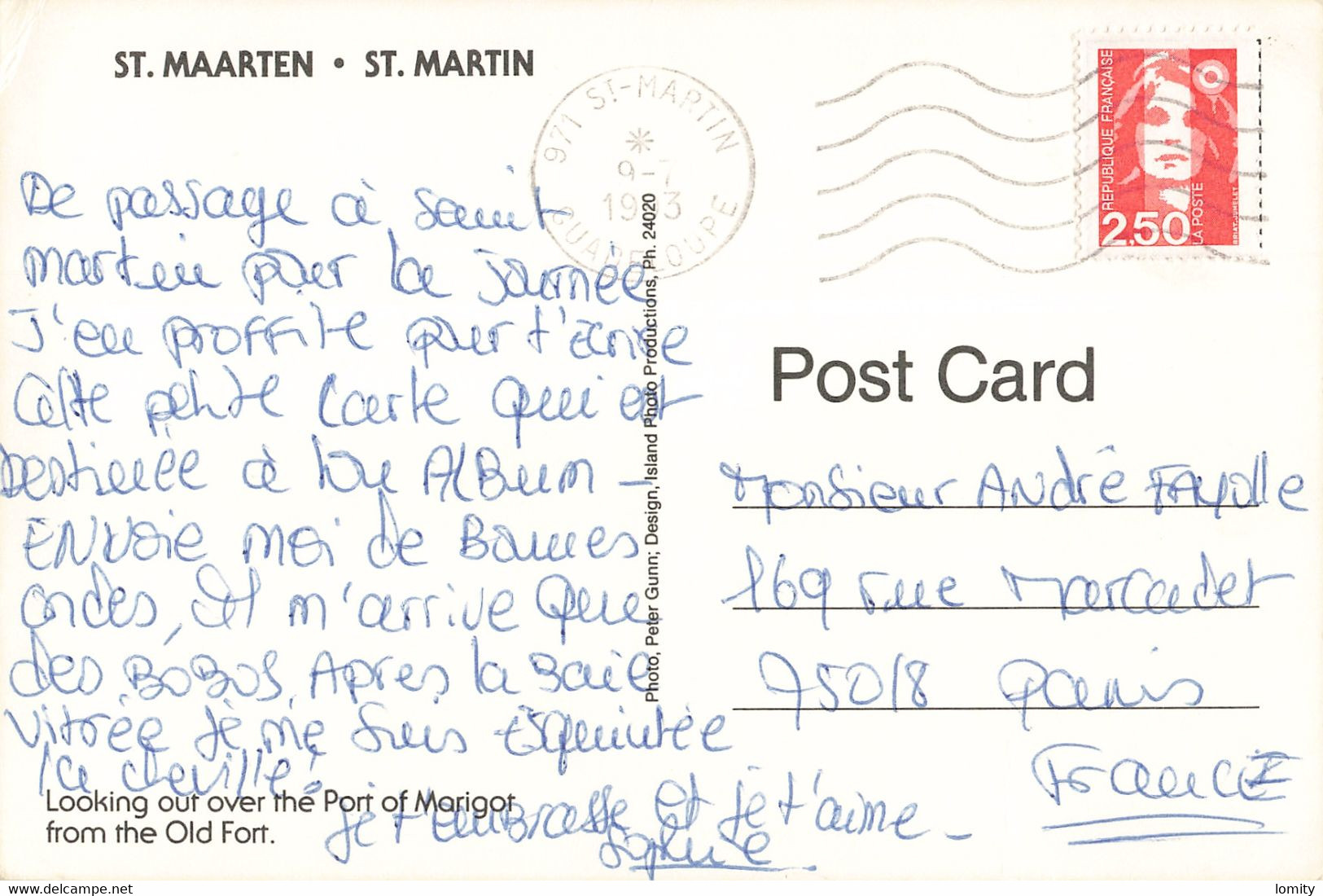 Guadeloupe St Saint Martin Vue Du Port De Marigot Depuis Le Vieux Fort CPM Cachet 1993 - Saint Martin
