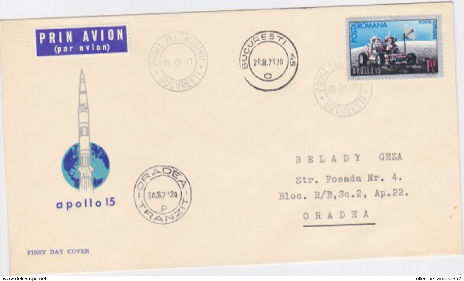 9001FM- APOLLO 15 MISSION, COSMOS, SPACE, COVER FDC, 1971, ROMANIA - Noord-Amerika