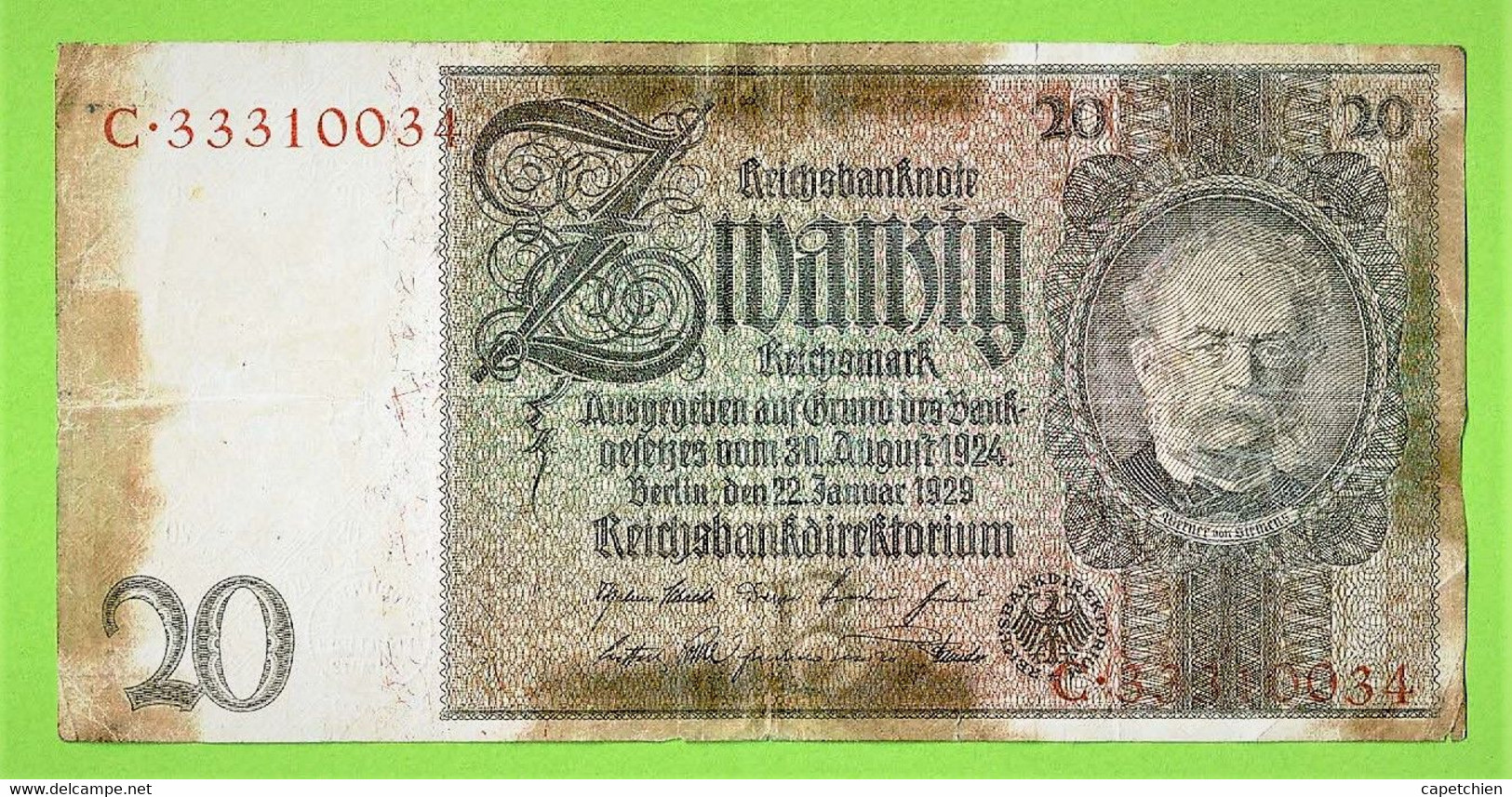 ALLEMAGNE / 20 MARK / JANVIER 1929  / SERIE N° ROUGE / C.33310034 - 20 Mark