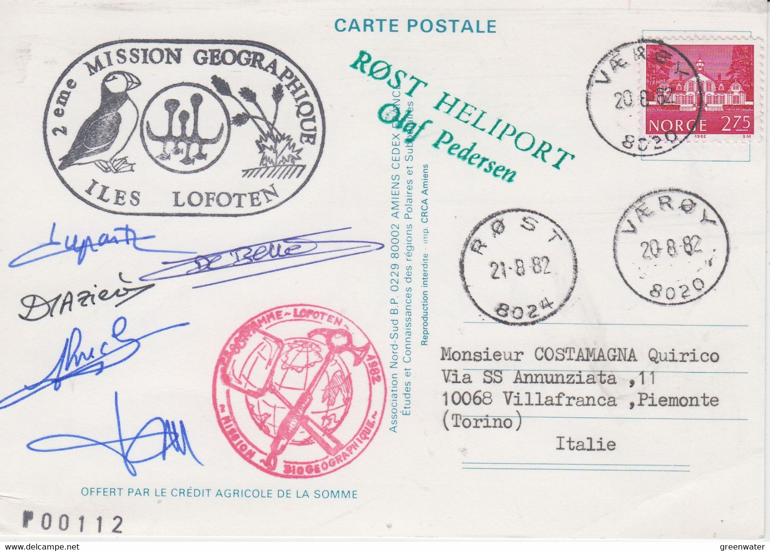Norway 1982 Postcard Emile Victor  2eme Mission Georgraphique Ca Rost Heliport  5 Signatuires Ca Varoy 20-8-1982 (NW200) - Programmi Di Ricerca