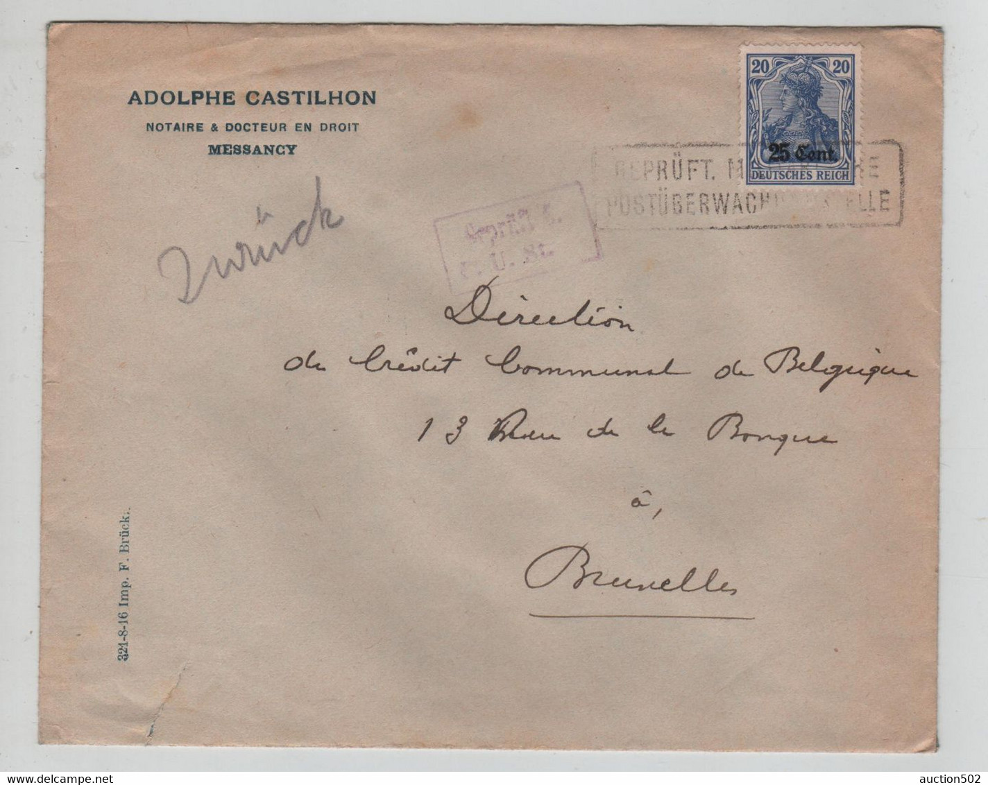 2180PR/ TP Oc 31 S/L. Adolphe Castilhon Notaire Messancy Geprüft Zurück Manuscrit > Bruxelles - OC26/37 Territori Tappe