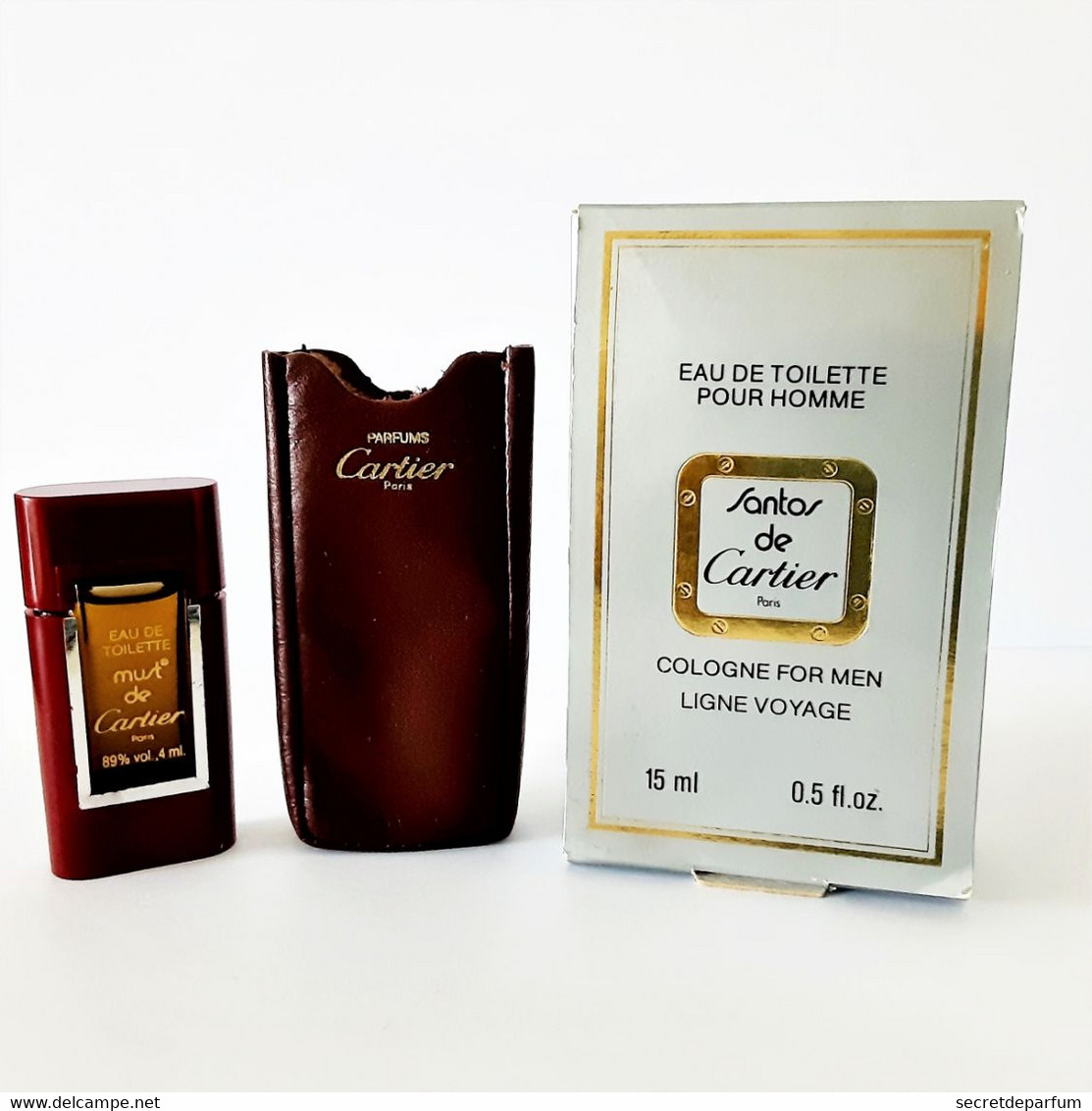 Miniatures De Parfum MUST De CARTIER  EDT   4 Ml  + Boite SANTOS EDT Pour HOMME 15 ML + ETUI EN CUIR CARTIER POUR 15 ML - Miniatures Men's Fragrances (in Box)