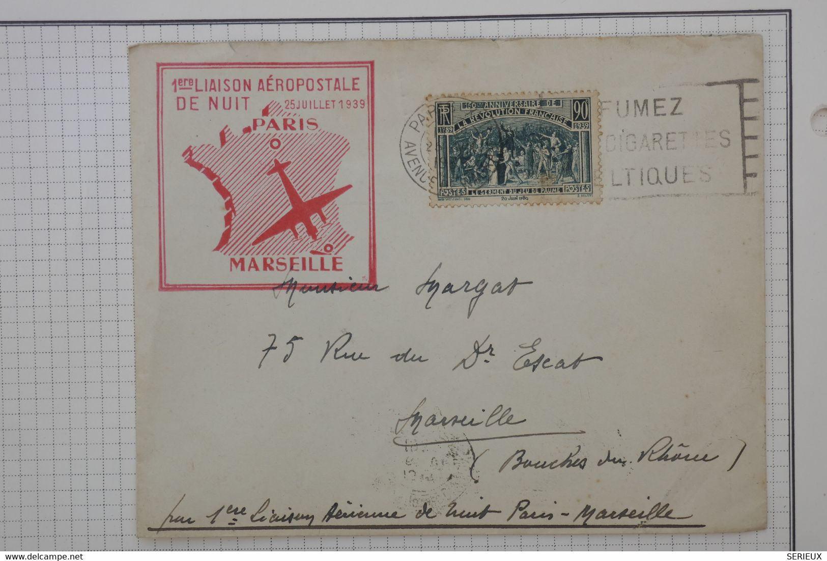 BB5 FRANCE BELLE LETTRE  1939 1ERE LIAISON NUIT PARIS MARSEILLE +AFFRANCH. PLAISANT - 1927-1959 Lettres & Documents
