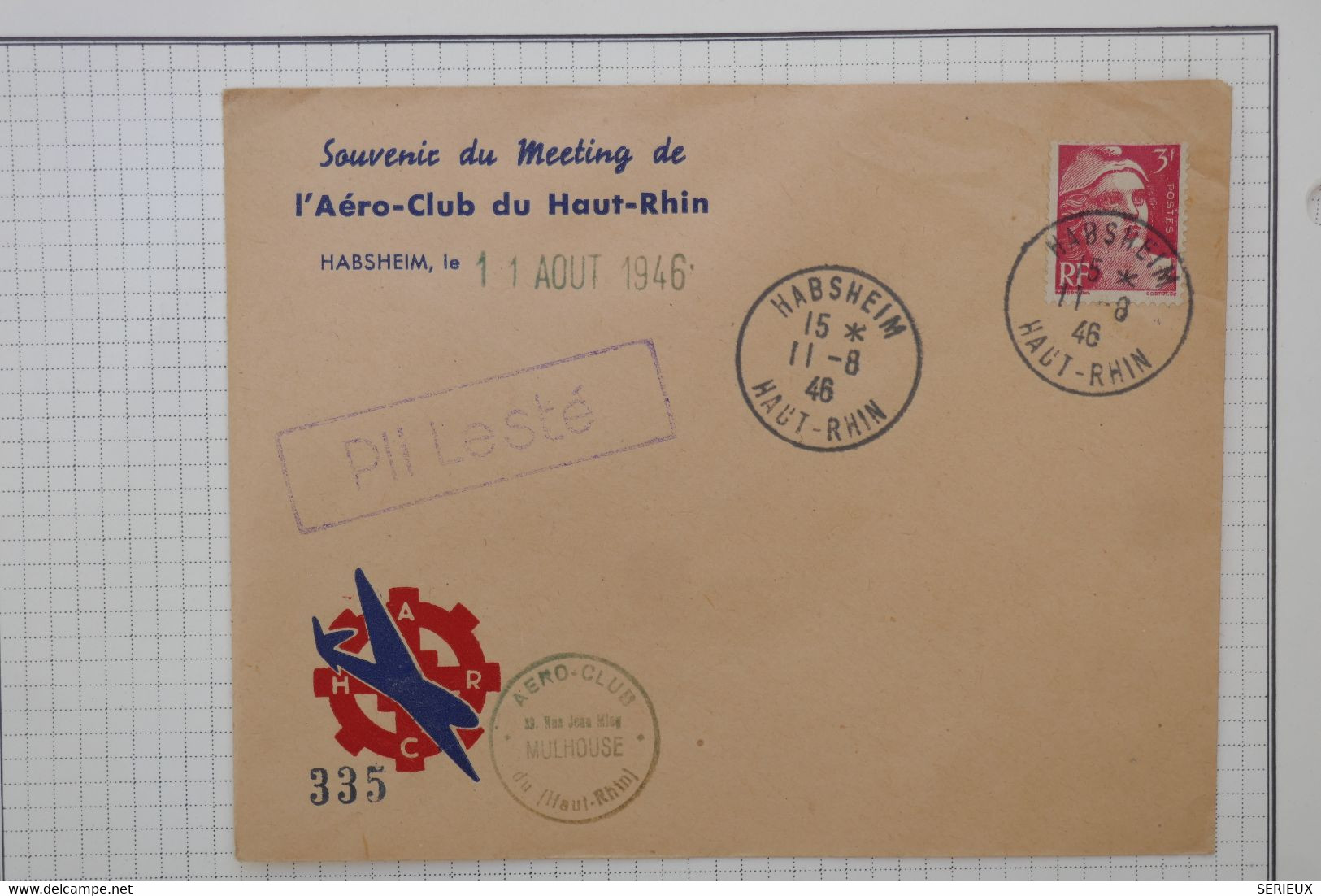 BB5 FRANCE BELLE LETTRE GRIFFE  PLI LESTé  1946 HABSHEIN +AEREOCLUB MULHOUSE +AFFRANCH. PLAISANT - 1927-1959 Lettres & Documents