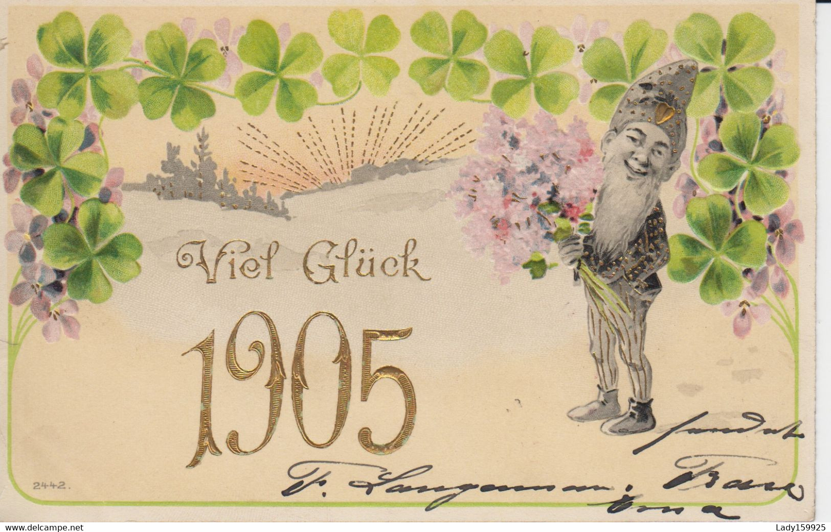 1905 Viel Gluck  Kobold 4 Leaf Clover Heart Hat Elf Trèfles 4 Feuilles Farfadet Chapeau Cœur Bouquet Fleur Post Stamp - New Year