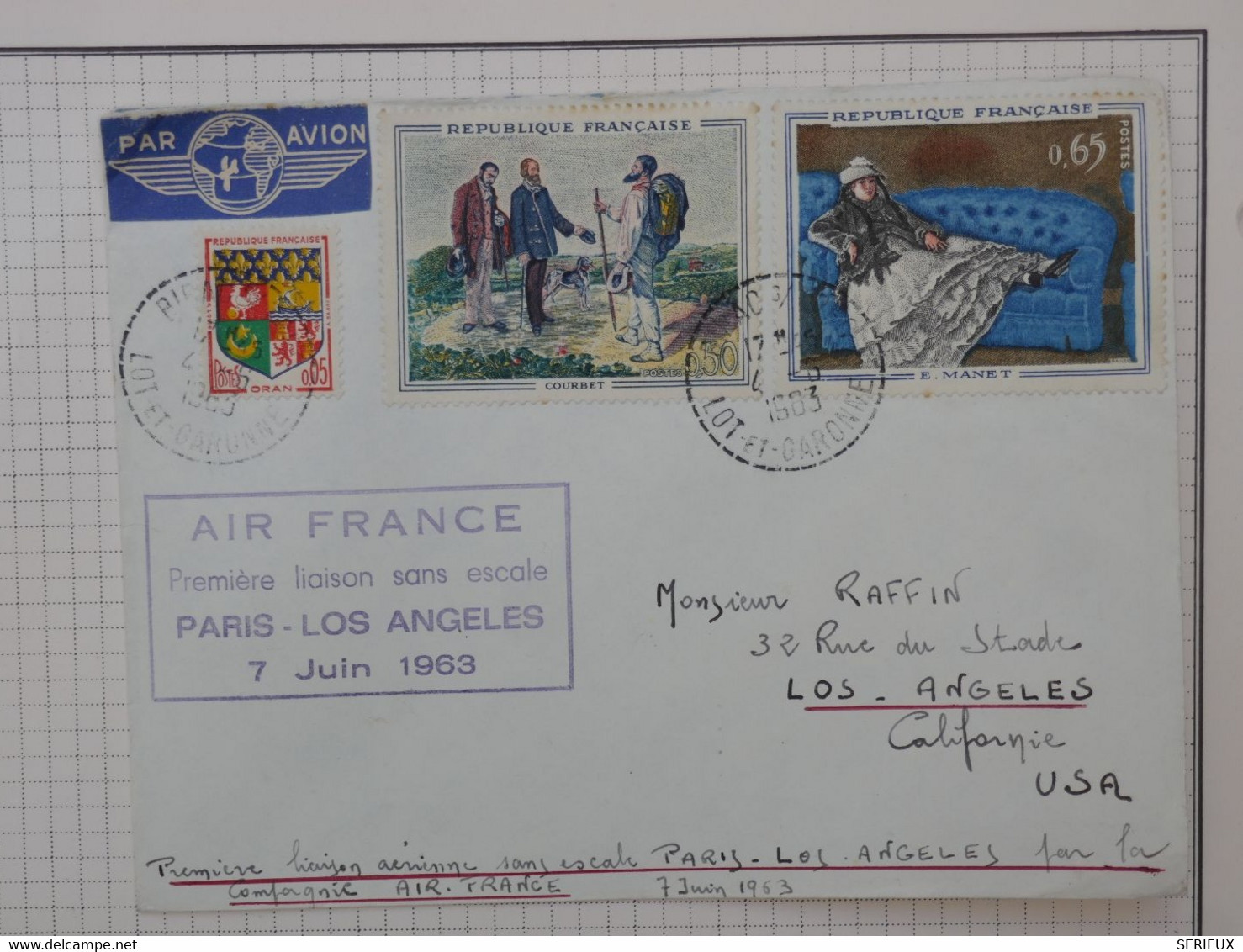 BB5 FRANCE BELLE LETTRE AIR FRANCE  RR 1963  PARIS LOS ANGELES USA   +AFFRANCH. PLAISANT - 1960-.... Lettres & Documents