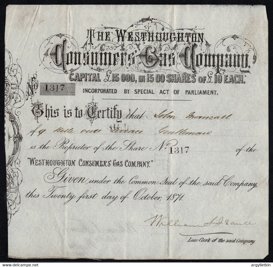 GB LANCASHIRE WEST HOUGHTON GAS 1871 SHARE CERTIFICATE - Elektrizität & Gas