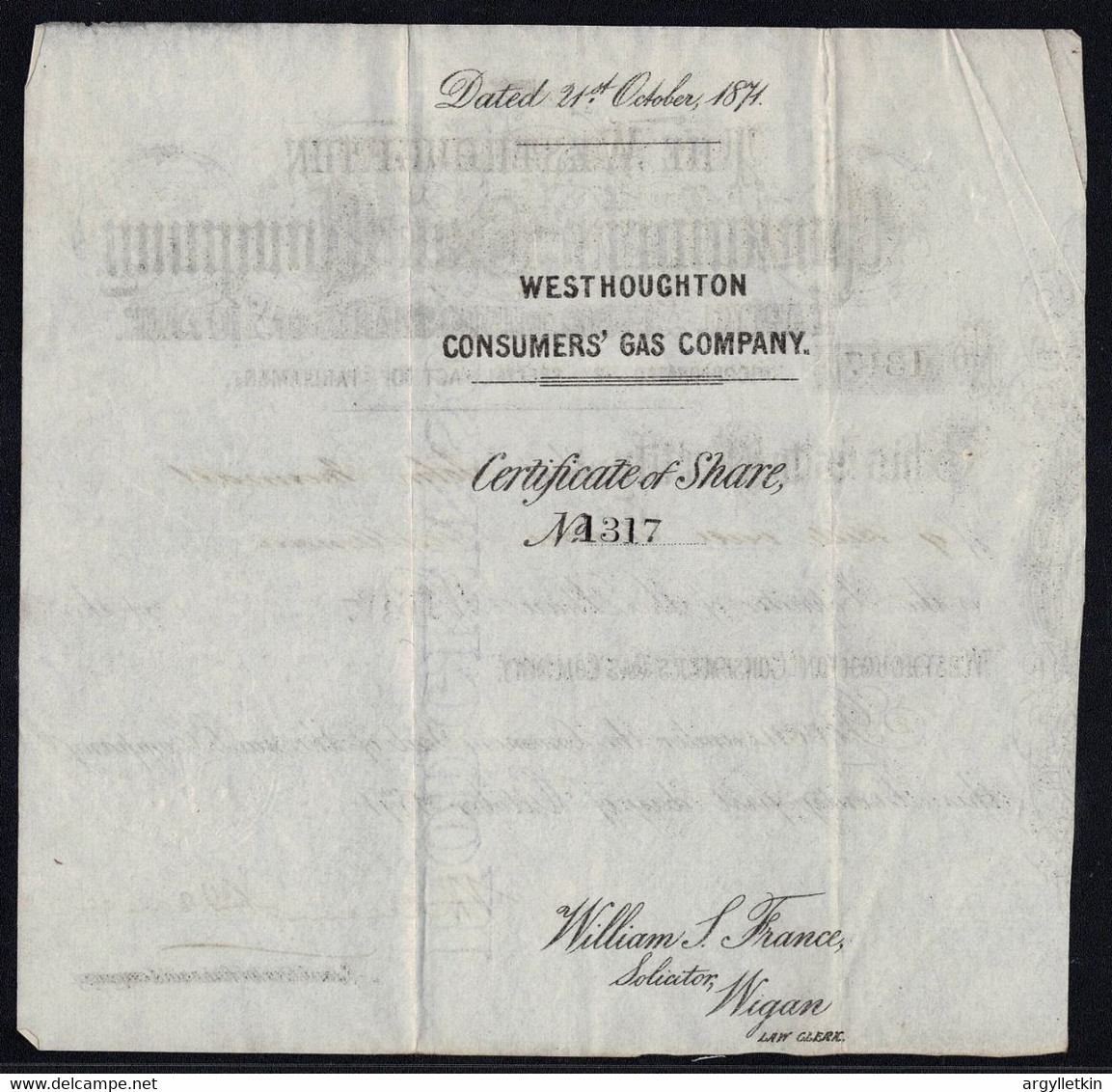 GB LANCASHIRE WEST HOUGHTON GAS 1871 SHARE CERTIFICATE - Electricidad & Gas