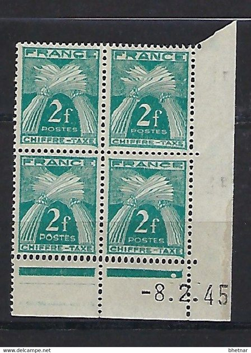 FR Coins Datés Taxe YT 72 " Gerbes 2F. Bleu " Neuf** Du 8.2.45 - Taxe