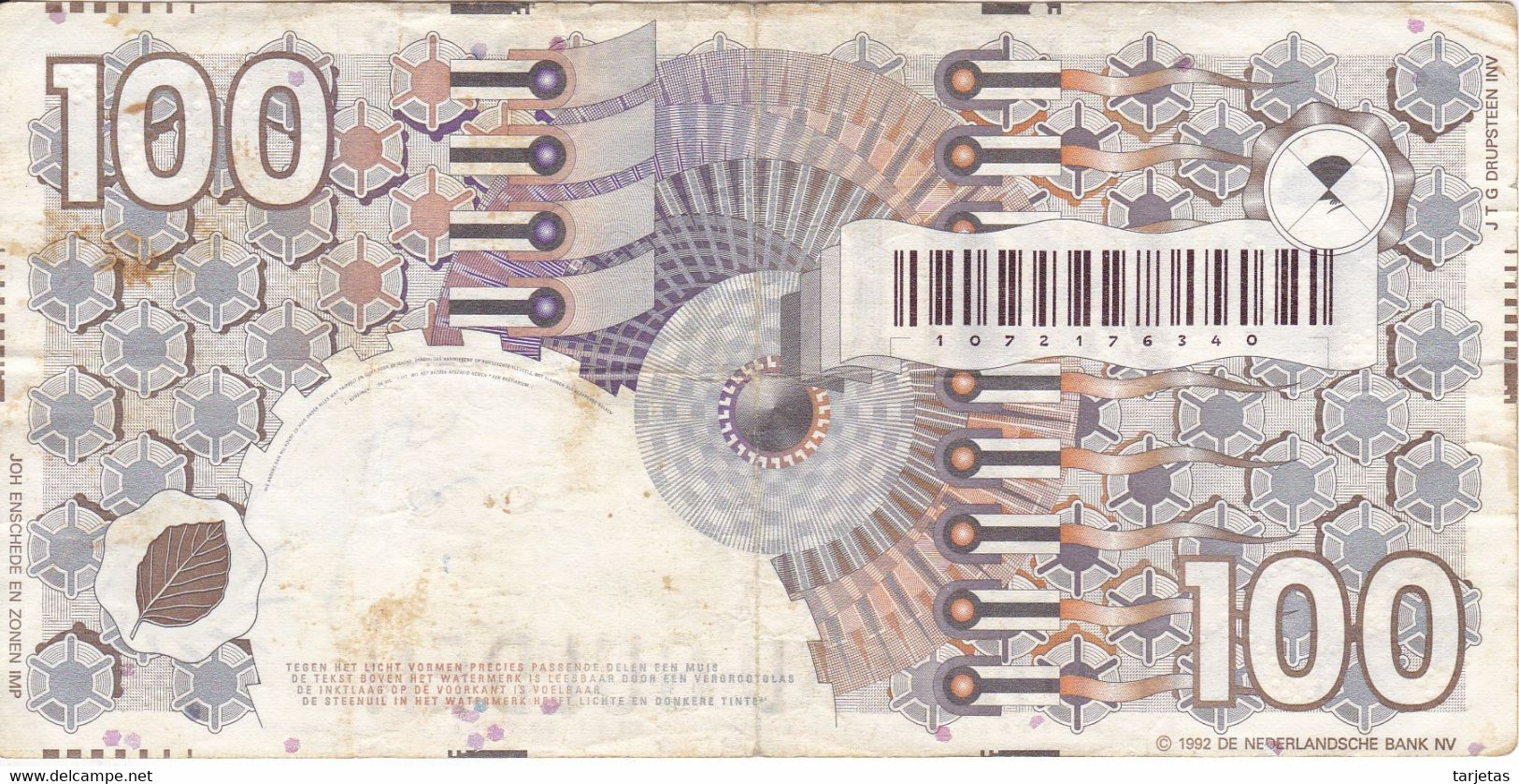 BILLETE DE PAISES BAJOS DE 100 GULDEN DEL AÑO 1992 (BANKNOTE) - 100 Gulden