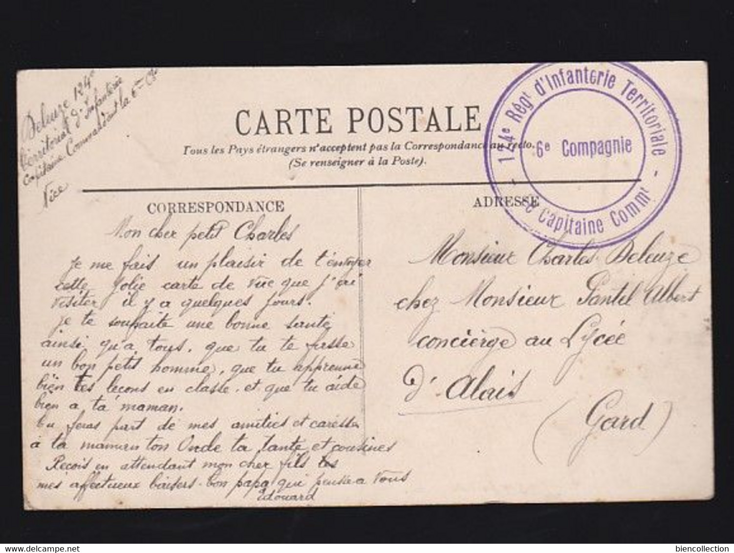 Cachet Du 124eme Regiment D'infanterie Territoriale Sur Carte Postale De Menton (Alpes Maritimes) - 1. Weltkrieg 1914-1918