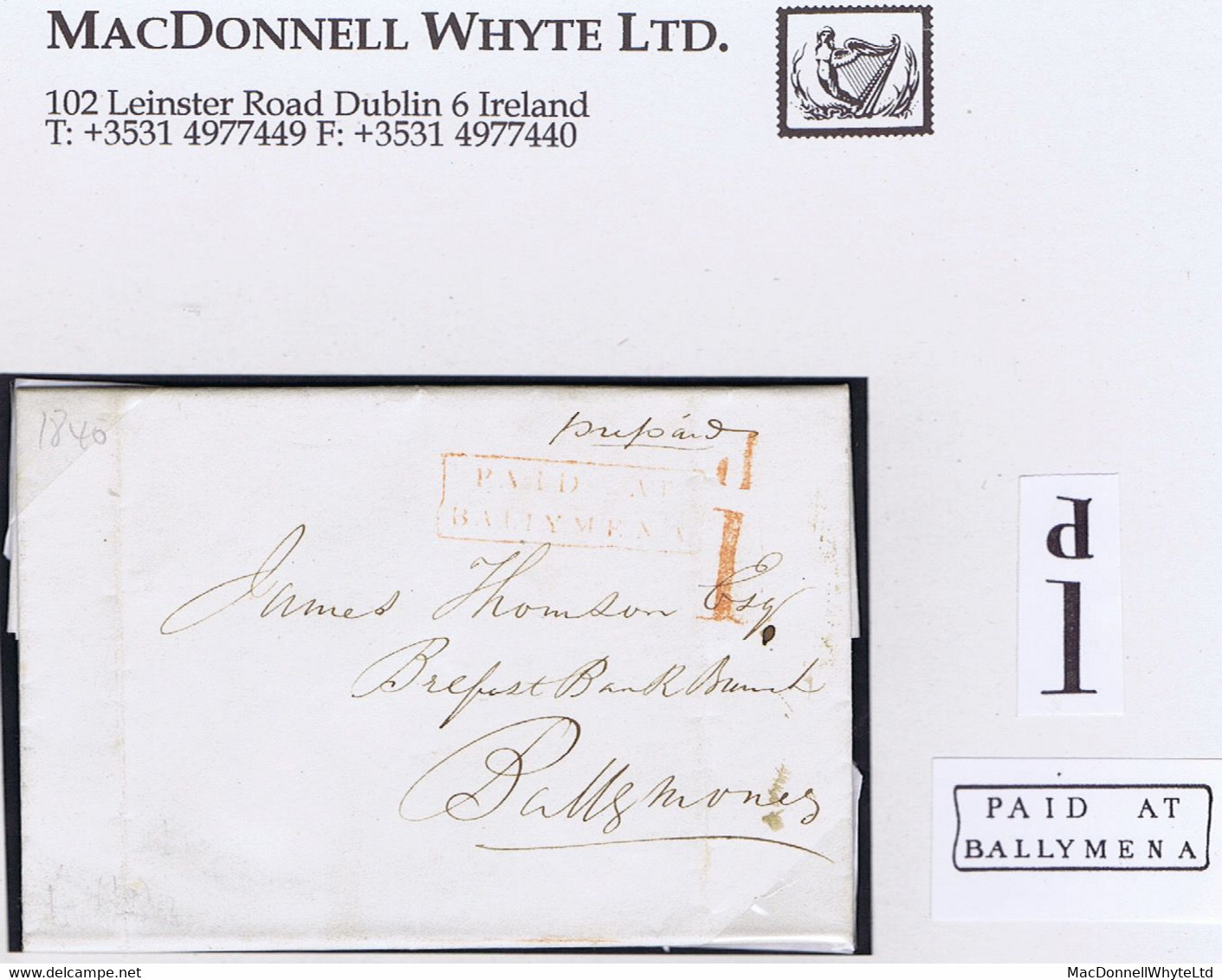 Ireland Antrim Uniform Penny Post Distinctive Handstruck "d1" Of Ballymena On Letter To Ballymoney, PAID AT/BALLYMENA - Prephilately