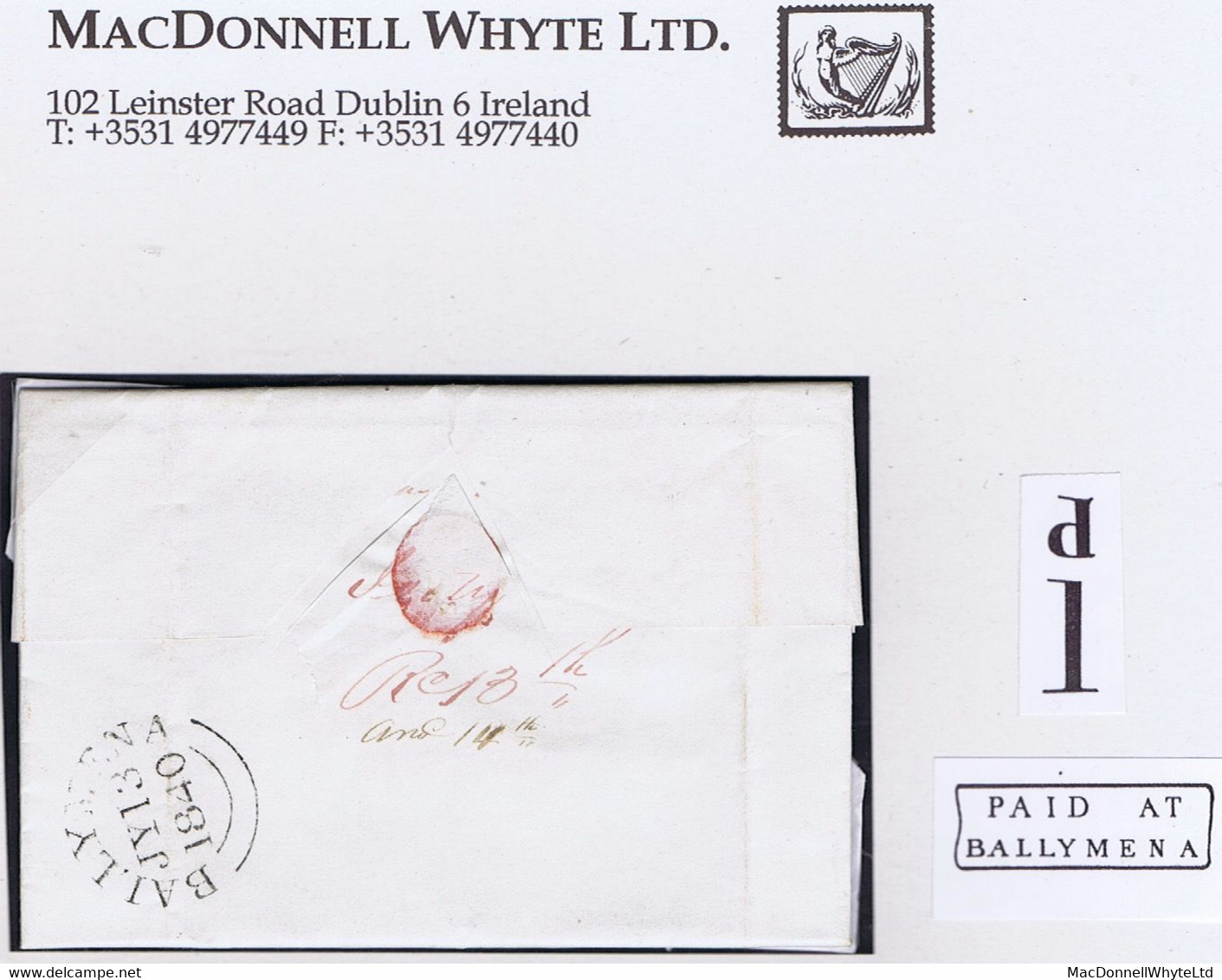 Ireland Antrim Uniform Penny Post Distinctive Handstruck "d1" Of Ballymena On Letter To Ballymoney, PAID AT/BALLYMENA - Préphilatélie