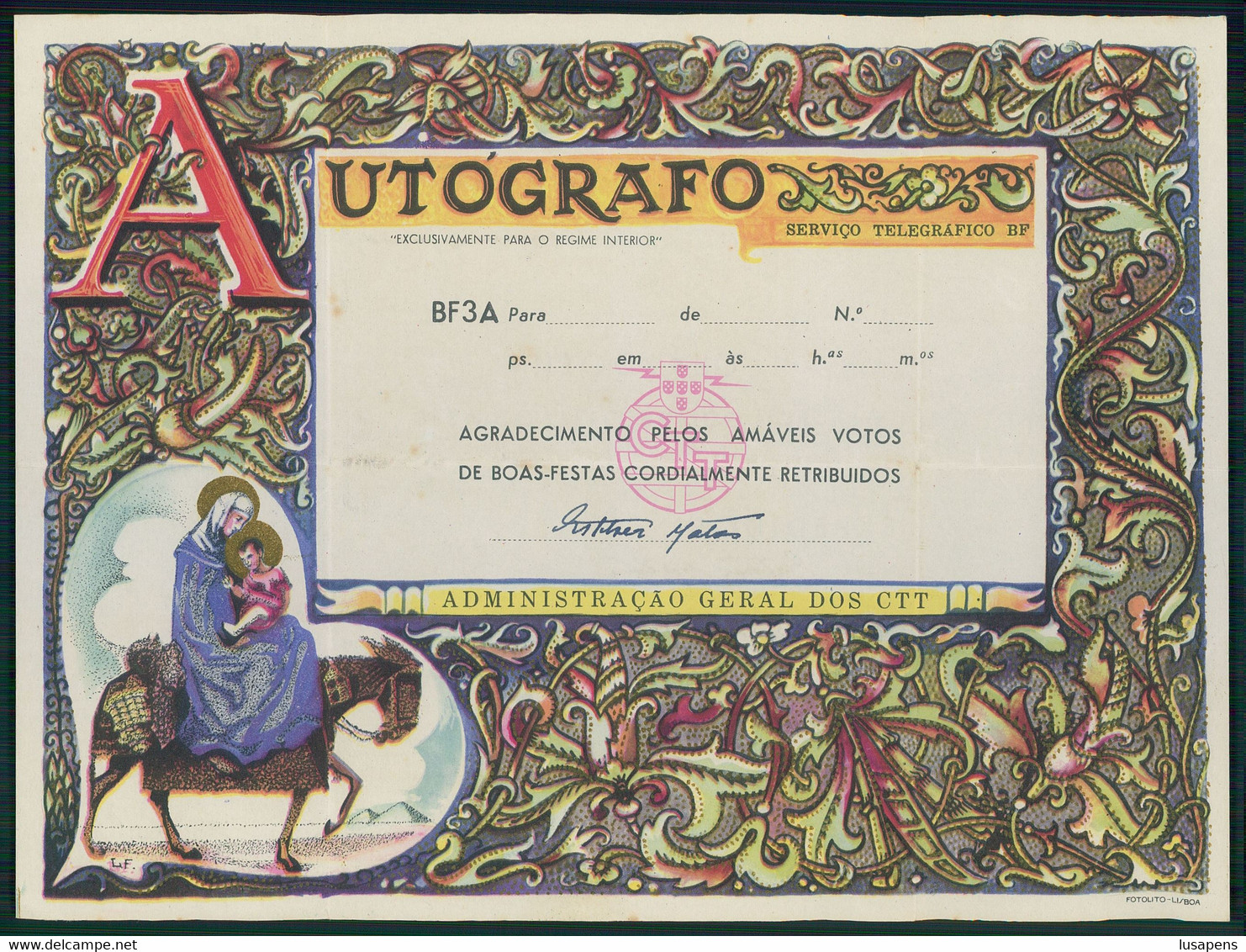 [IP # 02176 ] INTEIRO POSTAL STATIONERY - CTT Servico Telegrafico BF Autografo BOAS FESTAS - Brieven En Documenten