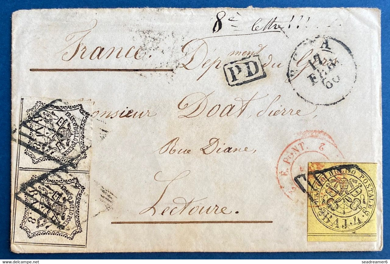 Lettre Etats De L'Eglise Tarif 20 Baj N°5 4 Baj + Paire N°9 En Paire Oblitérés Grille Pour La France à LECTOURE Superbe - Etats Pontificaux