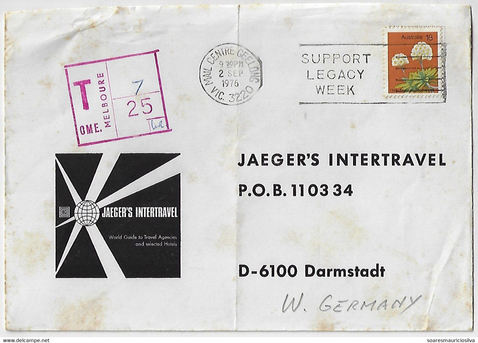 Australia 1976 Cover From Geelong To Darmstad Germany Cancel Postage Due Taxe Postmark Melboure Melbourne Stamp Flower - Impuestos