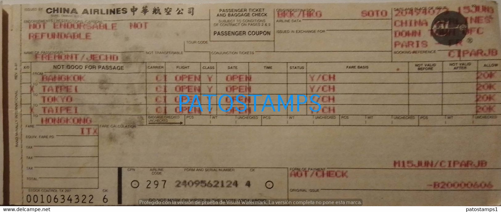 190754 AVIATION AVION CHINA AIRLINES PASSENGER TICKET CHECK NO POSTAL POSTCARD - Billetes