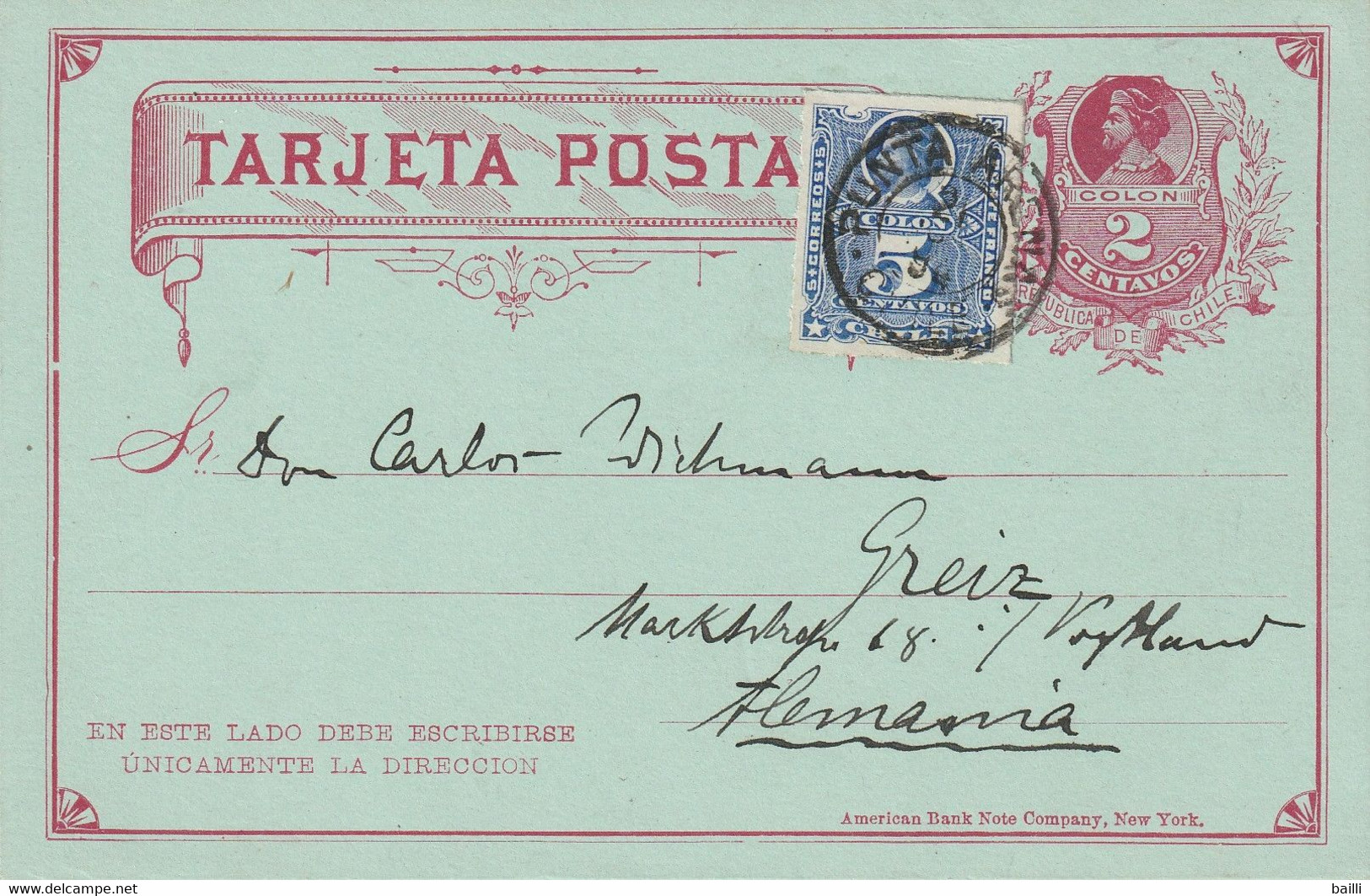 Chili Entier Postal  Pour L'Allemagne 1894 - Chile