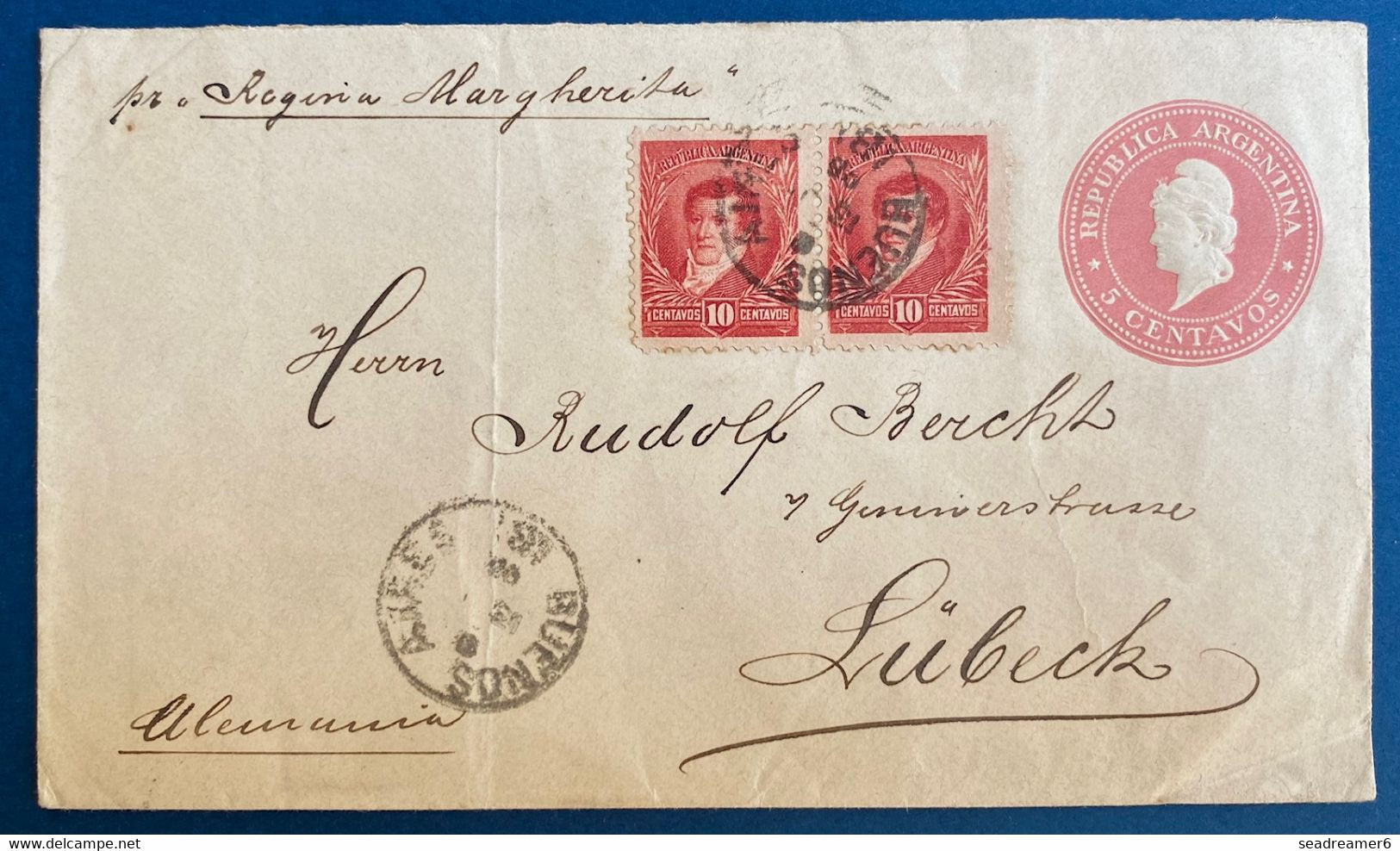 Argentine Entier Lettre 3 Centavos Rose 1896 + Paire N°99 10c Rouge Oblitérés Pour Lubeck En Allemagne TTB - Storia Postale