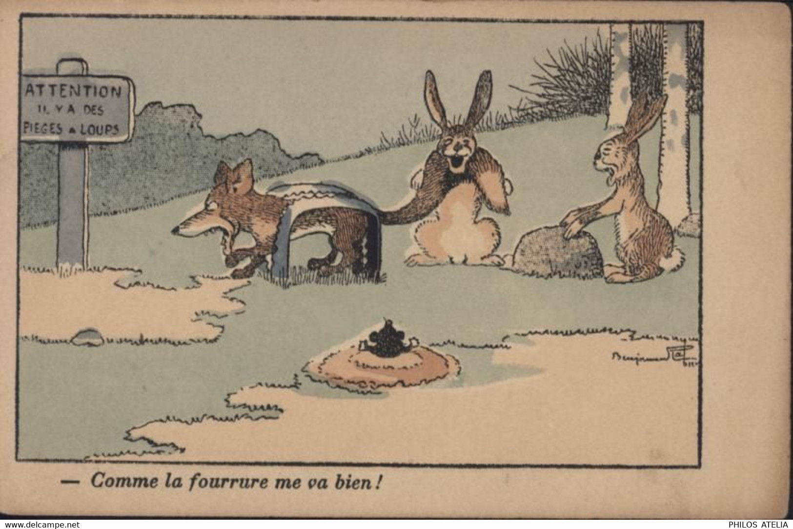 CPA CP Illustrateur Benjamin Rabier CP Humoristique Loup Lapins Comme La Fourrure Me Va Bien ! Attention Pièges Loup - Rabier, B.