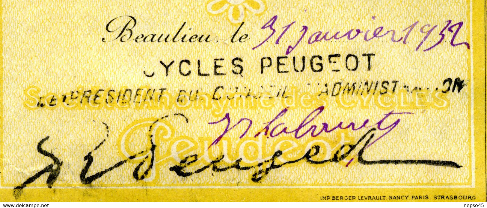 1932.Cycles Peugeot.Siège Social Valentigney.Usines De Beaulieu Mandeure.Doubs.Fabrication De Cadres.Garantie. - Publicités