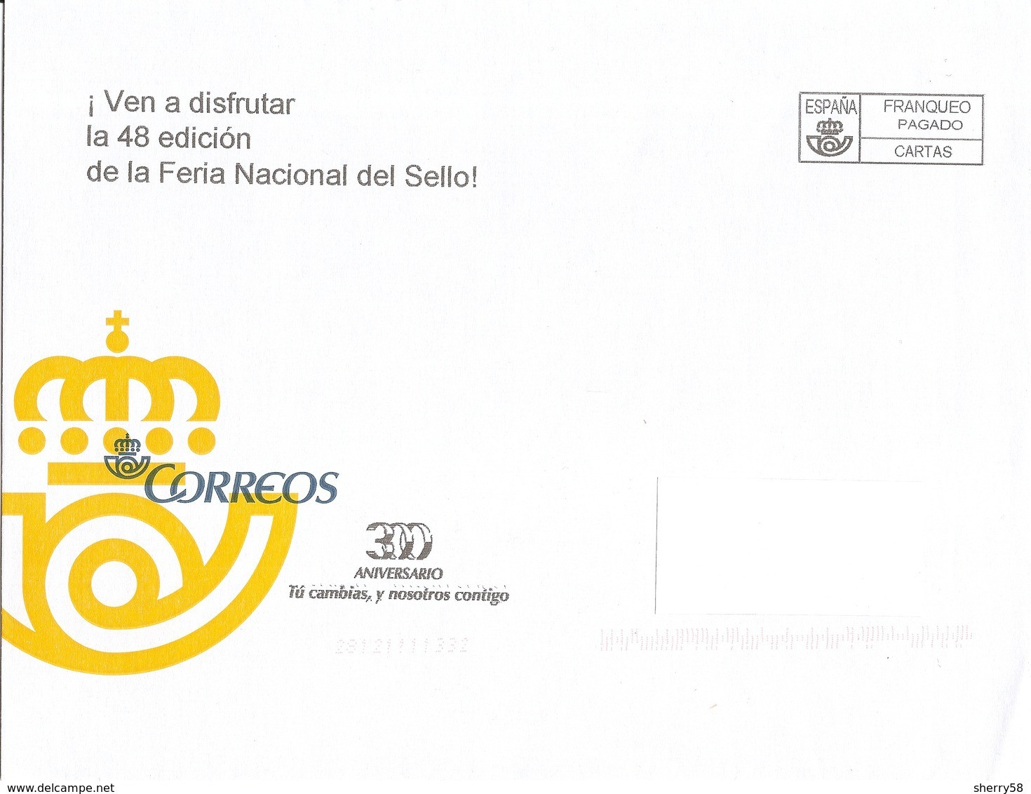 2016-SOBRE PREFRANQUEADO DEL SERVICIO FILATÉLICO-FERIA NAC. DEL SELLO 300 ANIV. DE CORREOS -25x19 Cm-USADO- - 1931-....