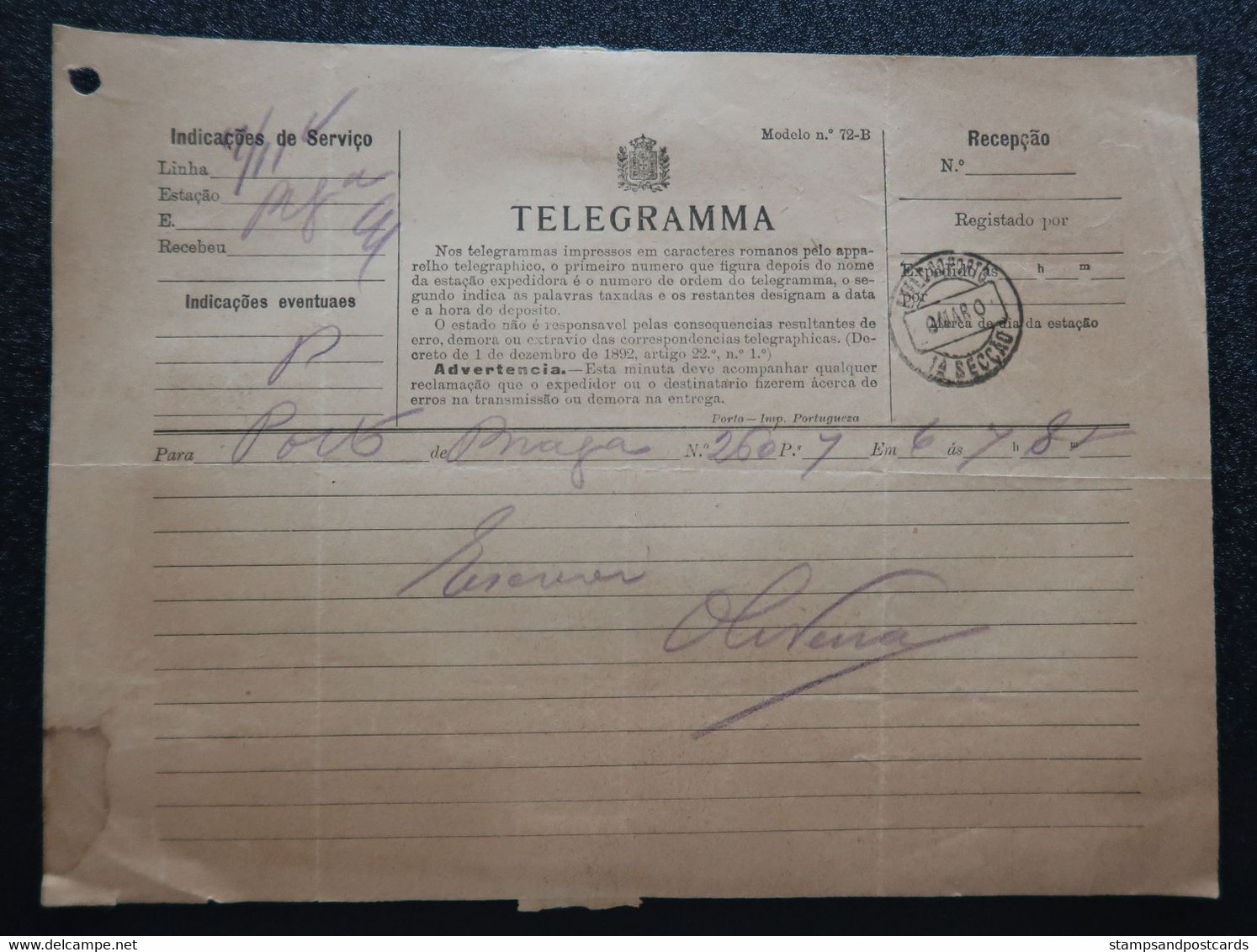 Portugal Télégramme 1900 Cachet Télégraphe Du Porto Telegram Oporto Telegraph Postmark - Lettres & Documents