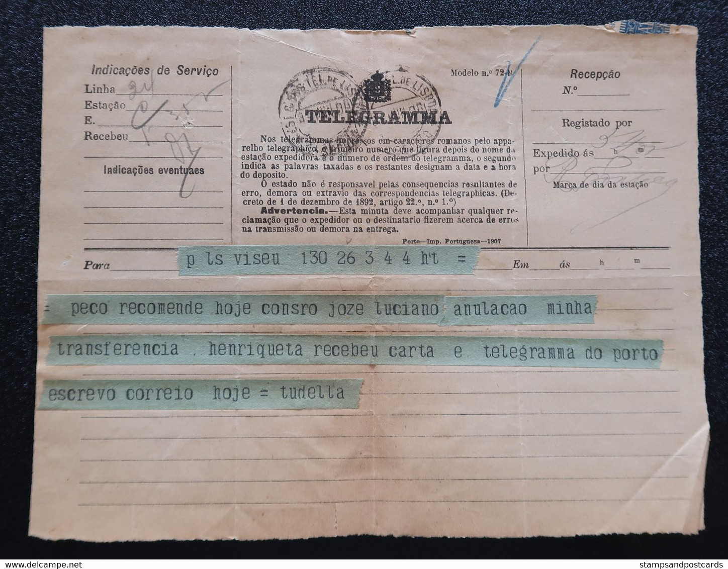 Portugal Télégramme 1908 Cachet Télégraphe Lisbonne Lisboa Telegram Lisbon Telegraph Postmark - Cartas & Documentos