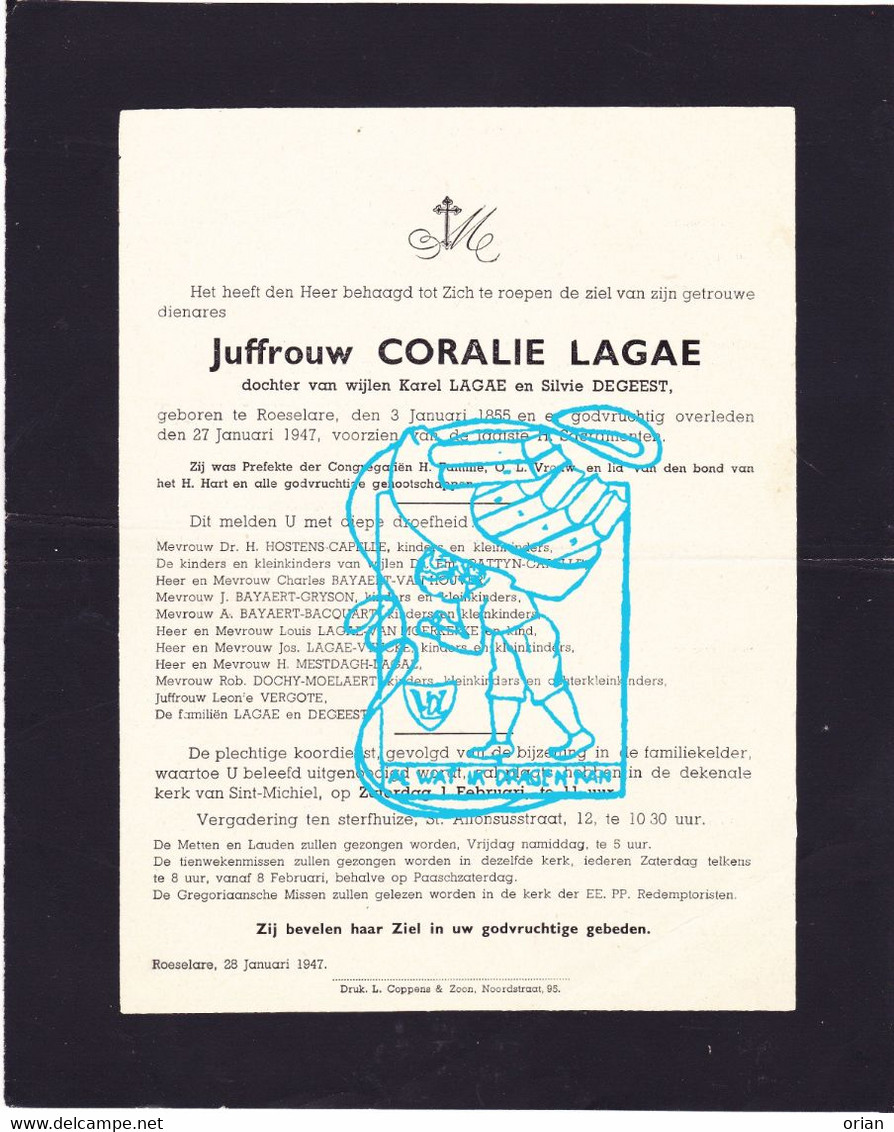 DB Coralie Lagae / Degeest ° Roeselare 1855 † 1947 / Capelle Pattyn Bayaert Van Houver Dochy Bacquart Moelaert Vyncke - Devotieprenten