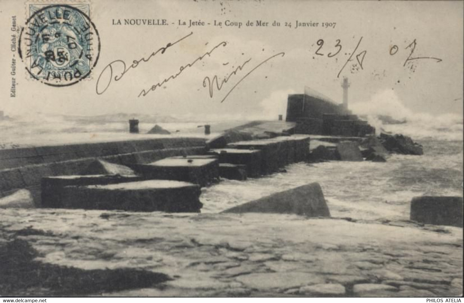 CPA CP Aude Port La Nouvelle La Jetée Le Coup De Mer Du 24 Janvier 1907 Editeur Guiter Cliché Genet CAD 1907 YT 111 - Port La Nouvelle