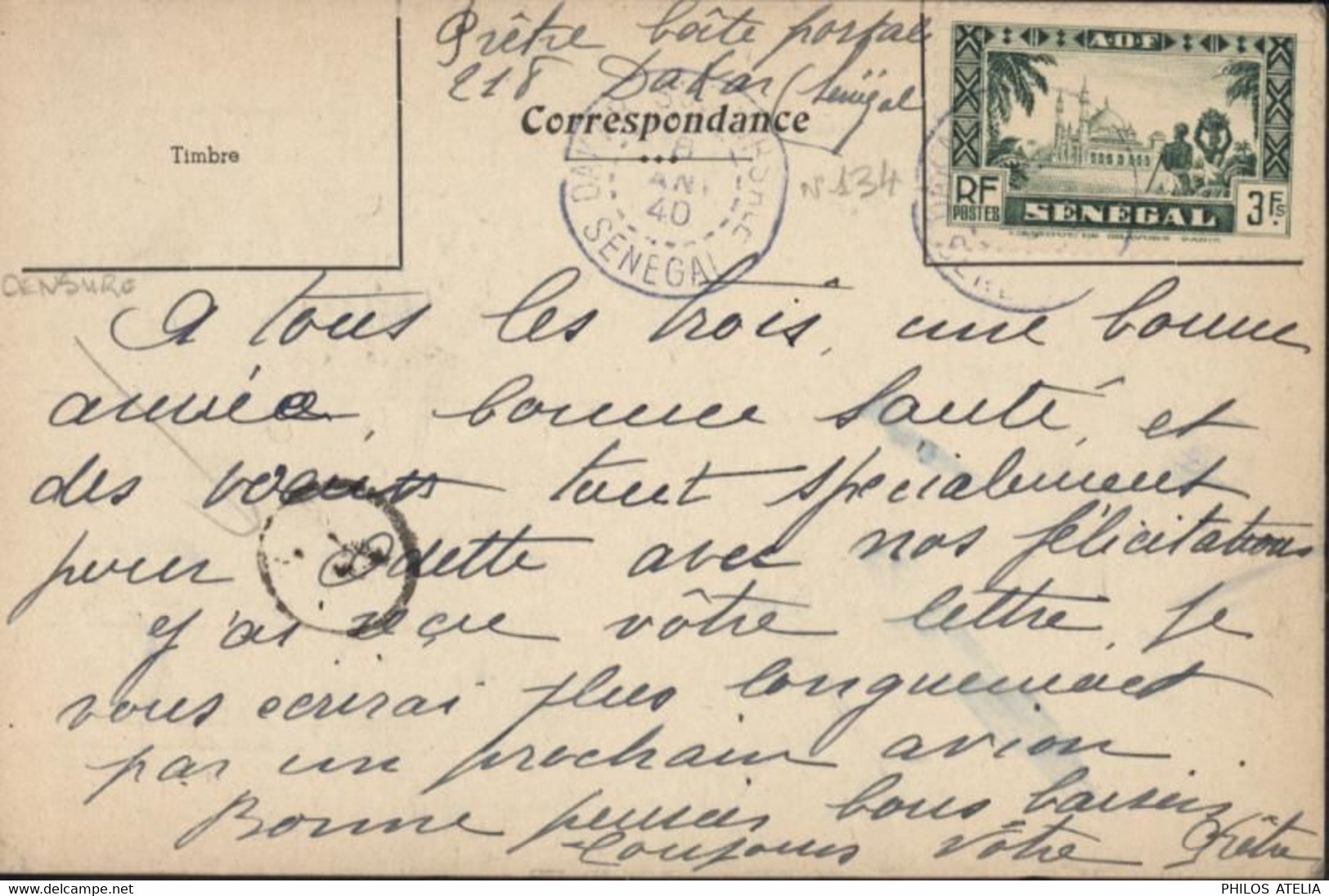 Guerre 39 45 Carte Lettre Par Avion Devalois Dakar YT AOF Sénégal N°134 CAD Bleu Dakar Su?rs Sénégal 8 1 40 Censure - Airmail